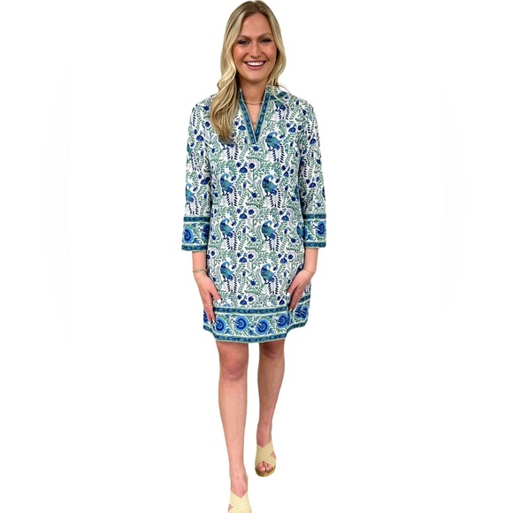 LIZA BYRD The Brie Cotton Block Print Dress Green Blue Floral Bird Print XL - Picture 2 of 13